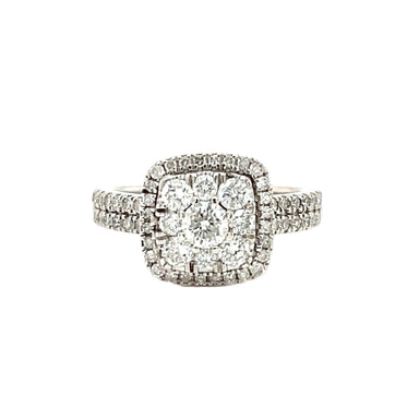 18ct White Gold 0.86ct Diamond Cushion Cluster Engagement Ring Size J