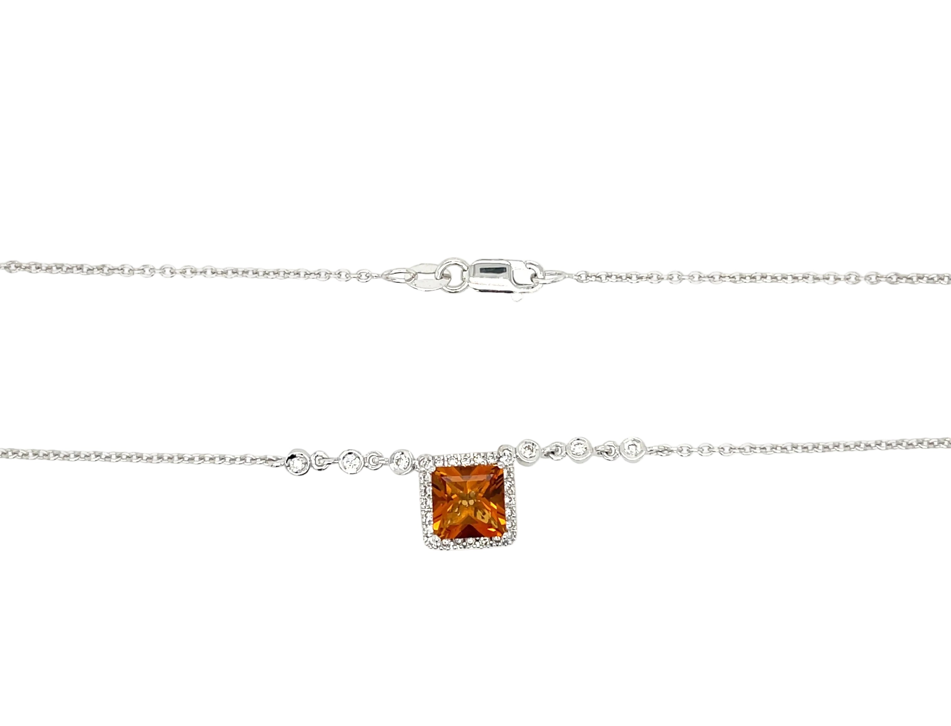 18ct White Gold Square Citrine & Diamond Pendant Necklace