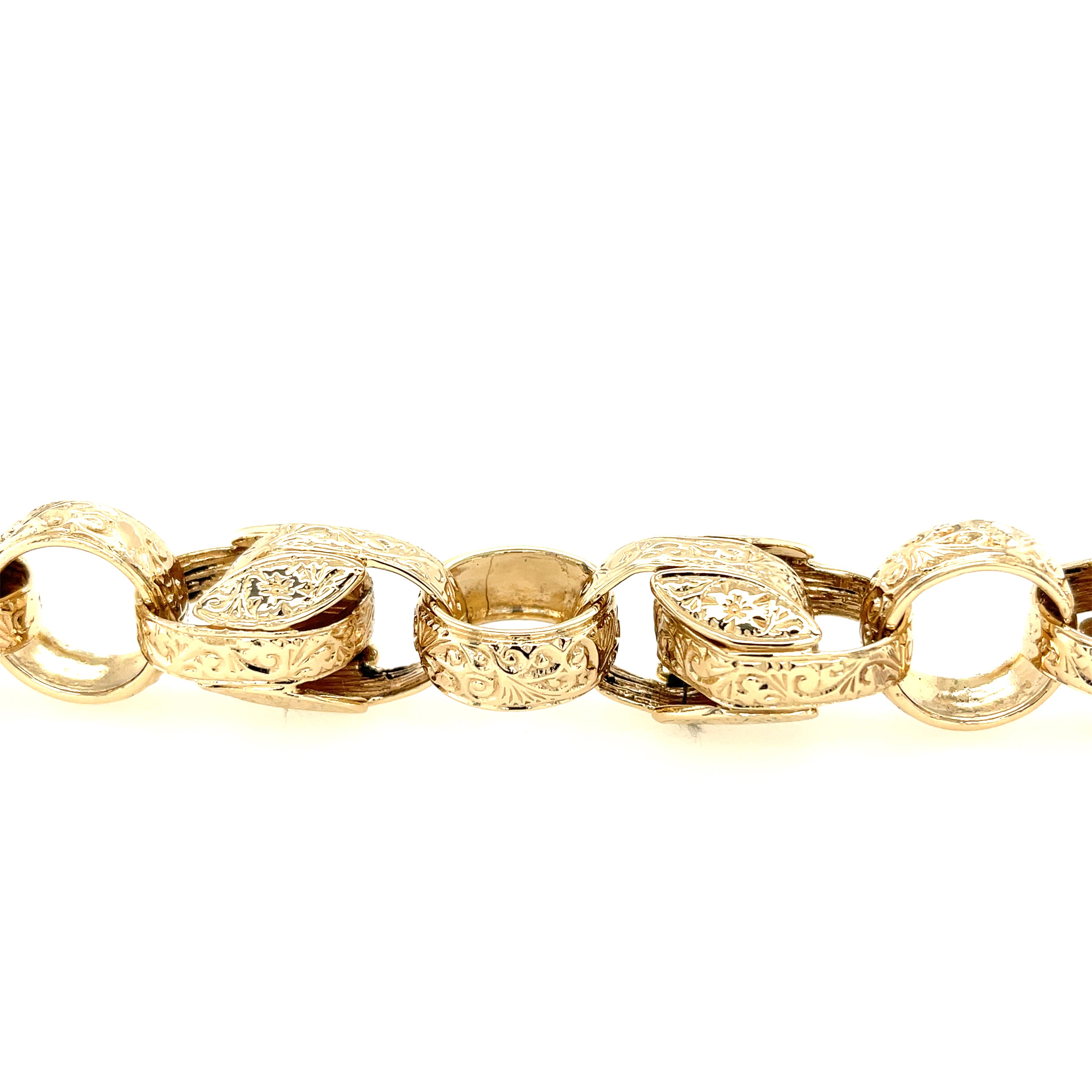 9ct Yellow Gold 10 Inch Heavy Patterned Tulip & Blecher Link Bracelet - 95.48g SOLD