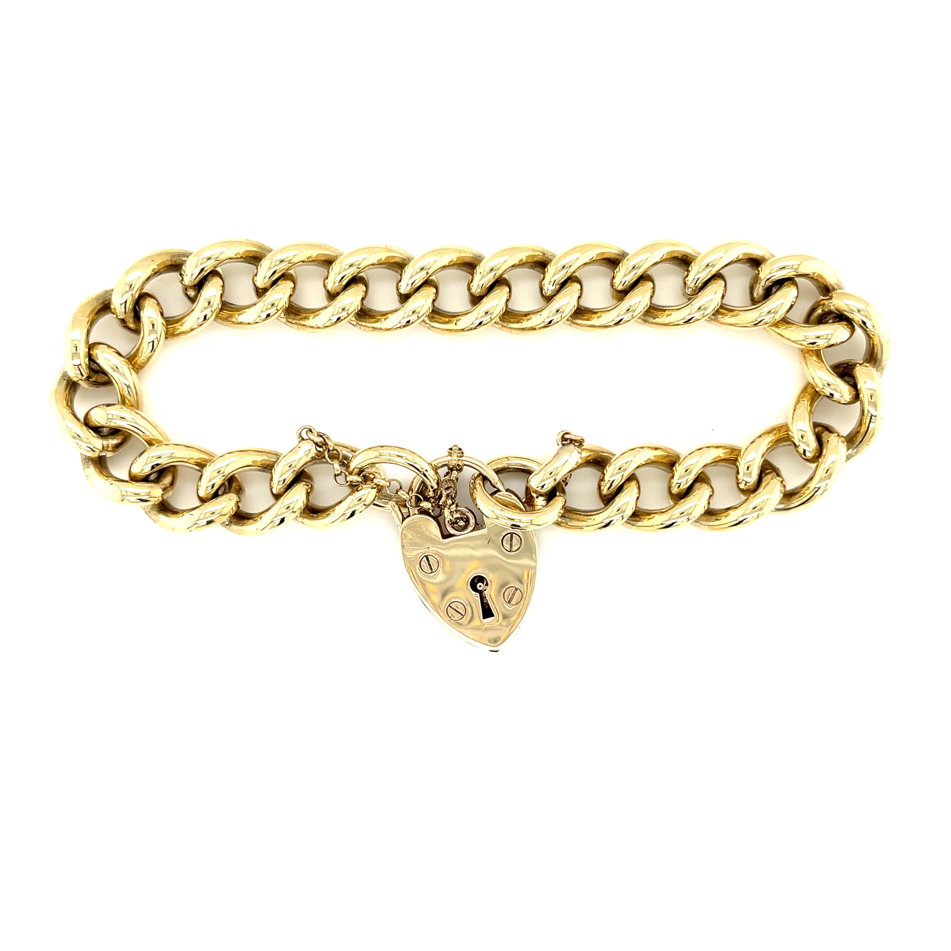 9ct Yellow Gold 7.5" Heavy Traditional Charm Bracelet & Heart Padlock -61.80g