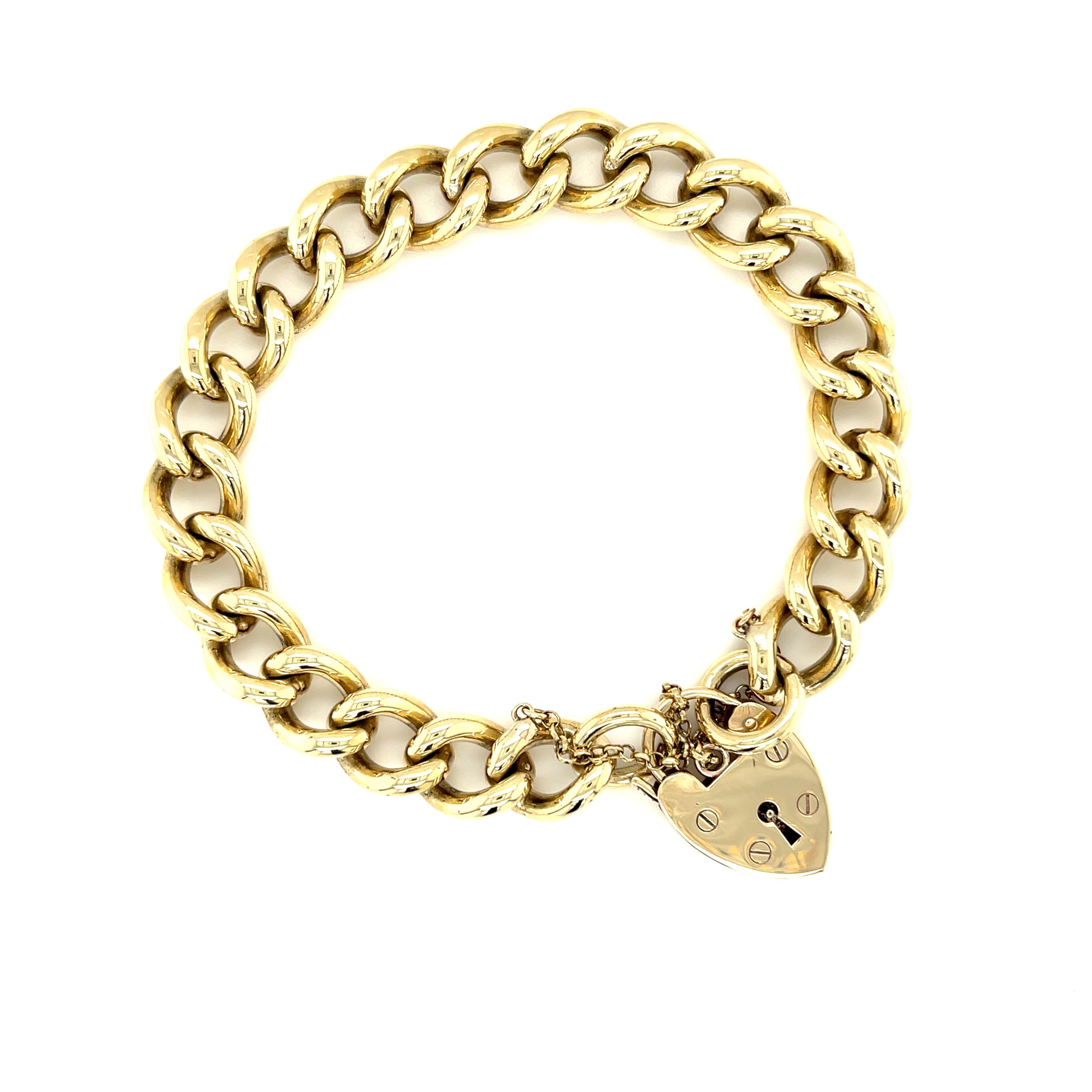 9ct Yellow Gold 7.5" Heavy Traditional Charm Bracelet & Heart Padlock -61.80g