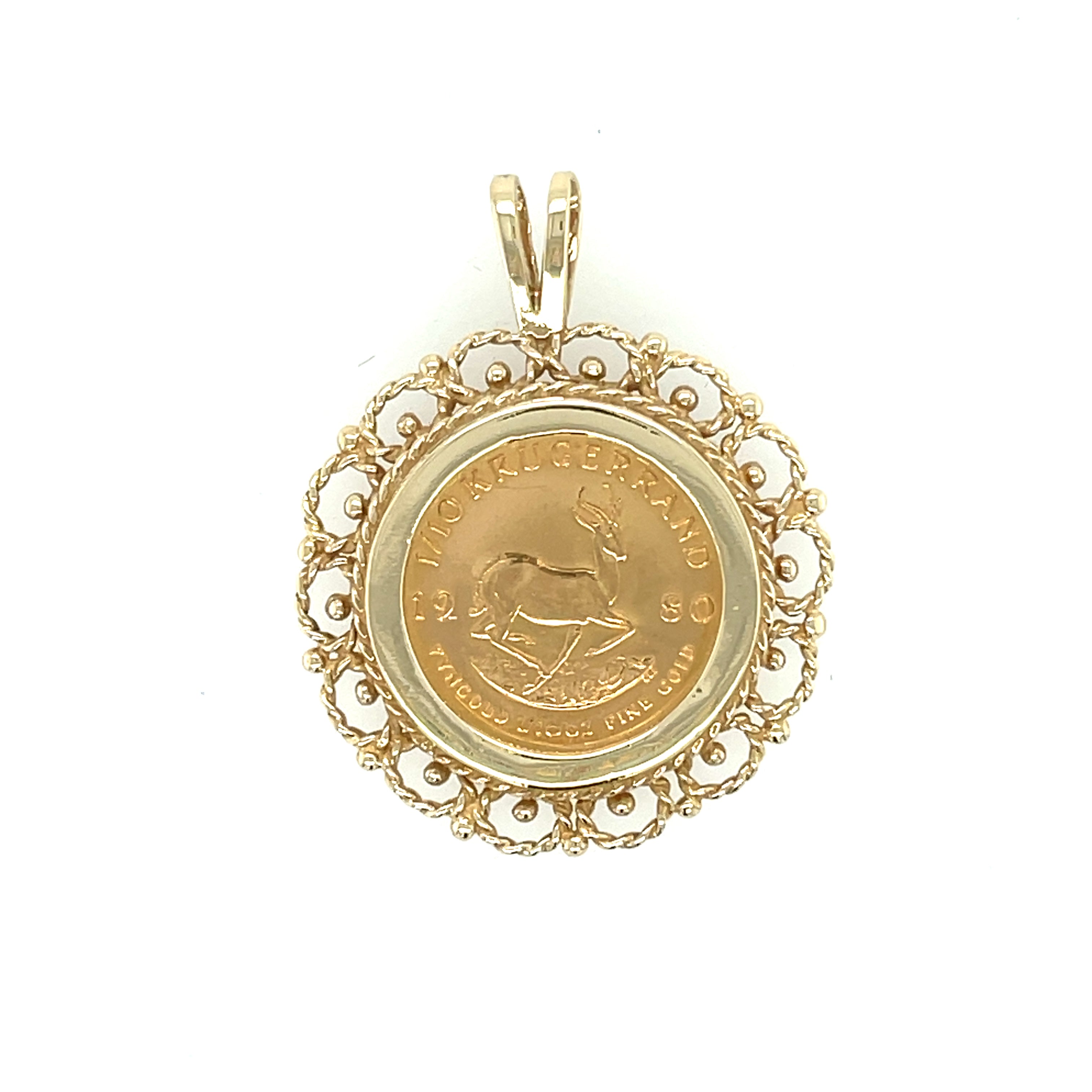 1980 Tenth (1/10) Krugerrand & 9ct Gold Rope Pendant Mount