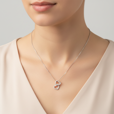9ct White Gold Diamond Double Heart Pendant Necklace