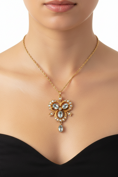 9ct Yellow Gold Blue Topaz & Seed Pearl Pendant/ Brooch & 16" Chain