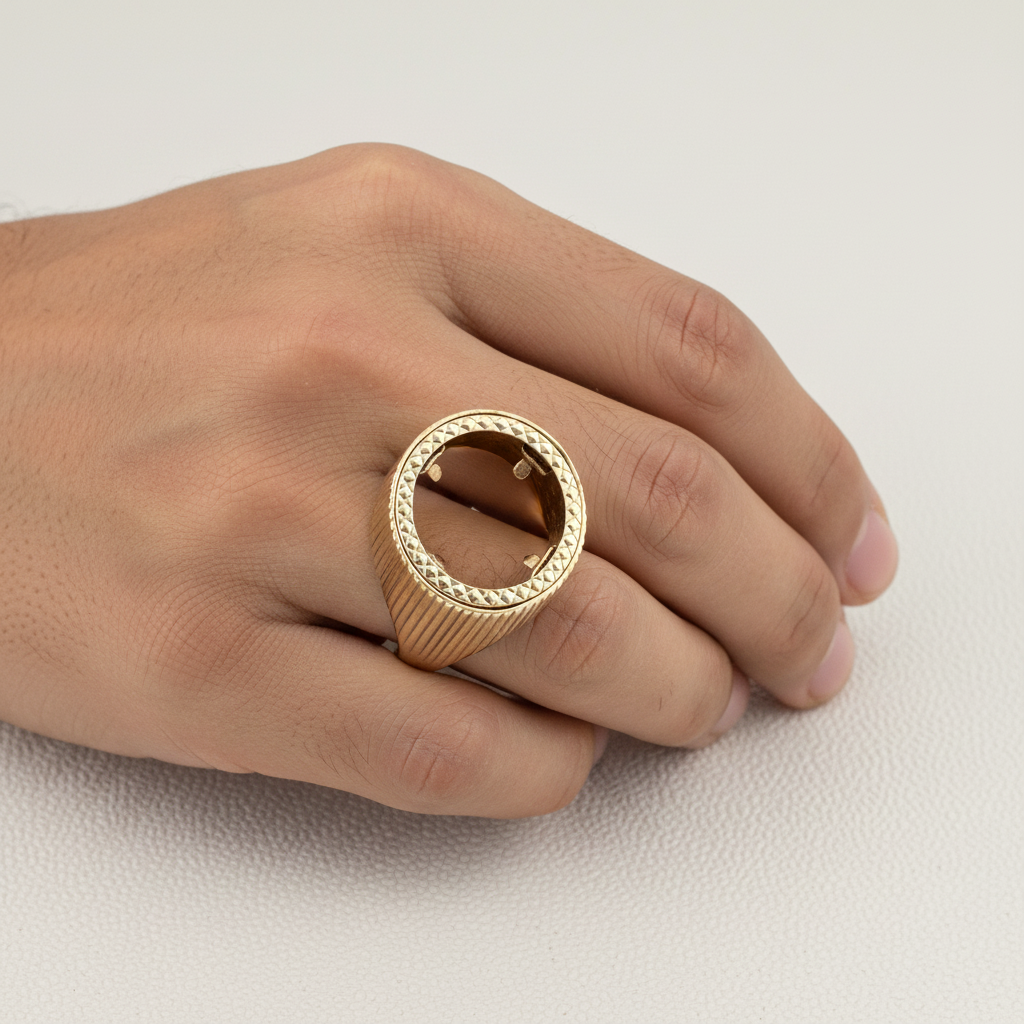 9ct Yellow Gold Groove Detail Half Sovereign Ring Mount London 1990