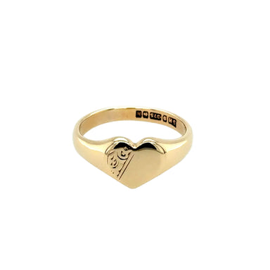 9ct Yellow Gold Heart Shaped Engraved Signet Ring Birmingham 1986