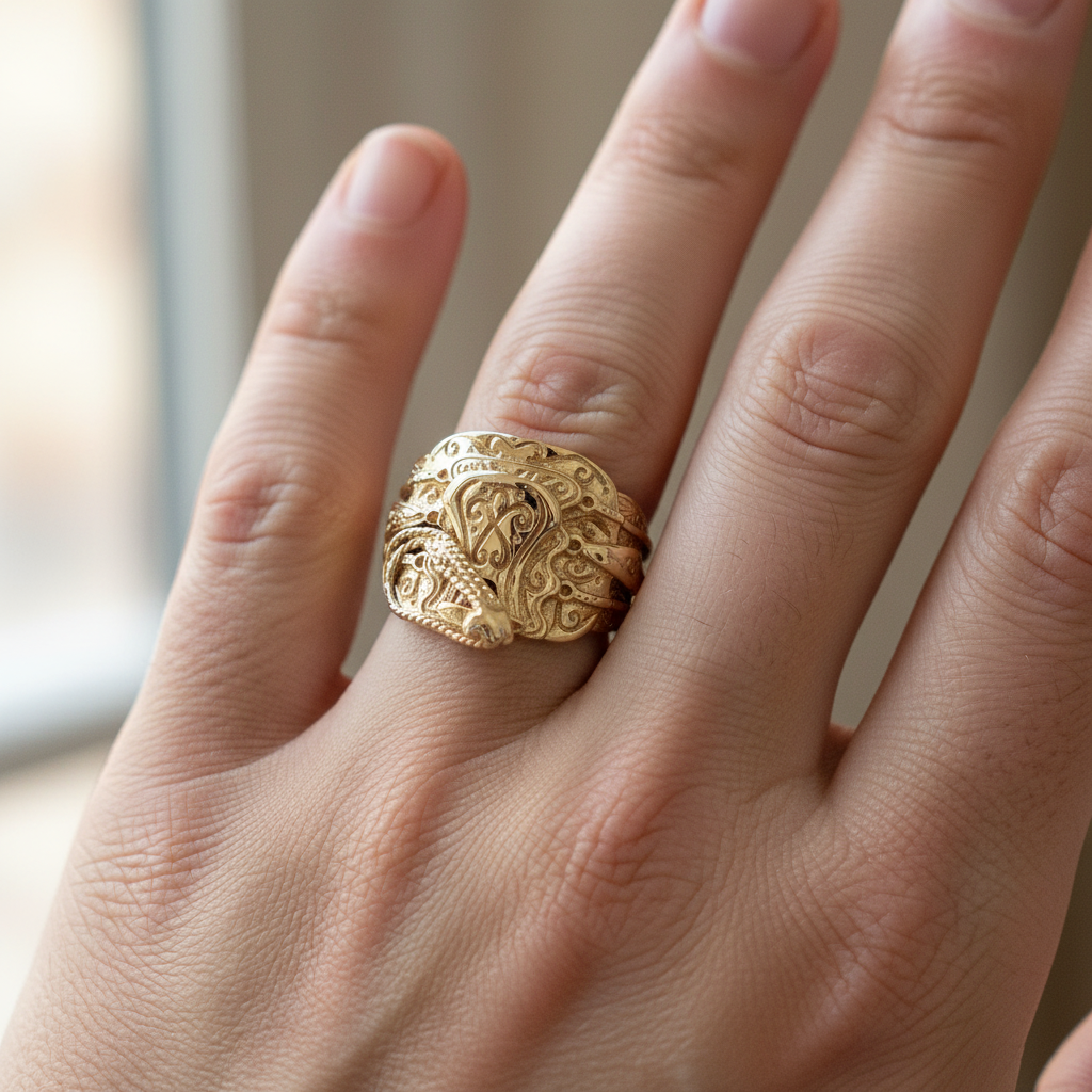 9ct Yellow Gold Horse Saddle Ring Size T - 11.83g