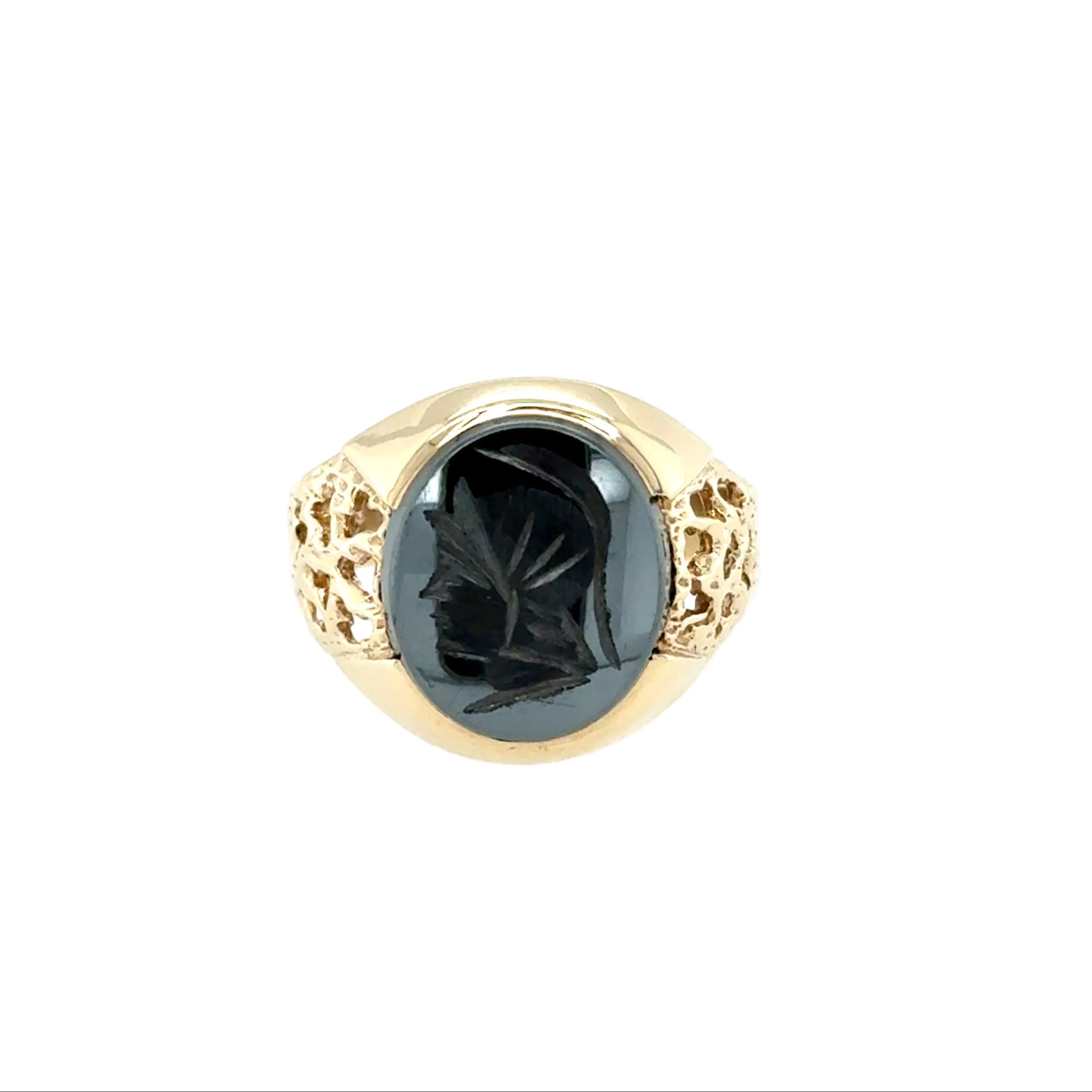 9ct Yellow Gold Oval Hematite Centurion Head Signet Ring London 1988