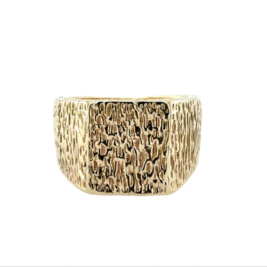9ct Yellow Gold Vintage Heavyweight Bark Effect Square Signet Ring London 1972