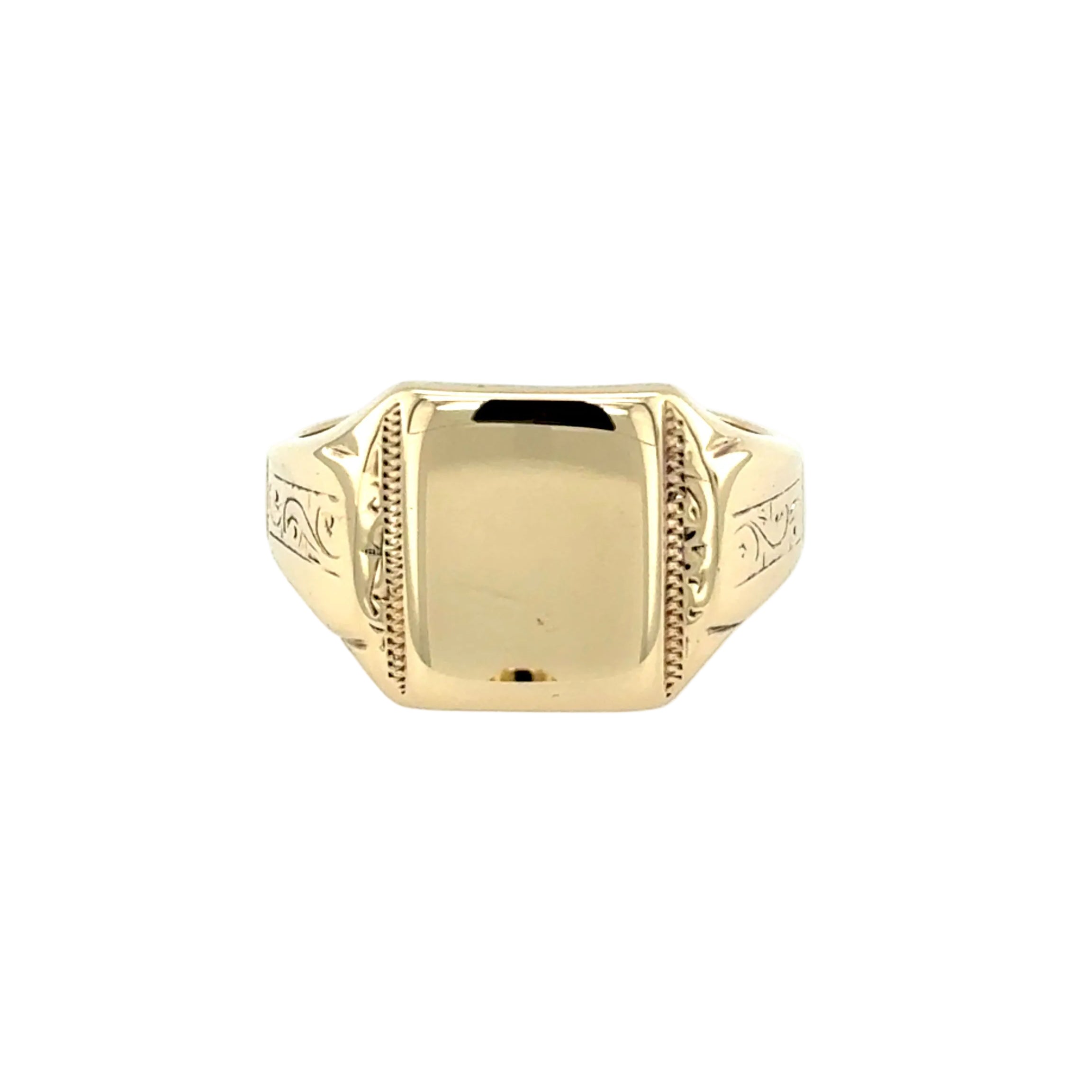 9ct Yellow Gold Vintage Square Plain & Patterned Signet Ring Birmingham 1992
