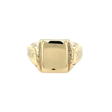 9ct Yellow Gold Vintage Square Plain & Patterned Signet Ring Birmingham 1992