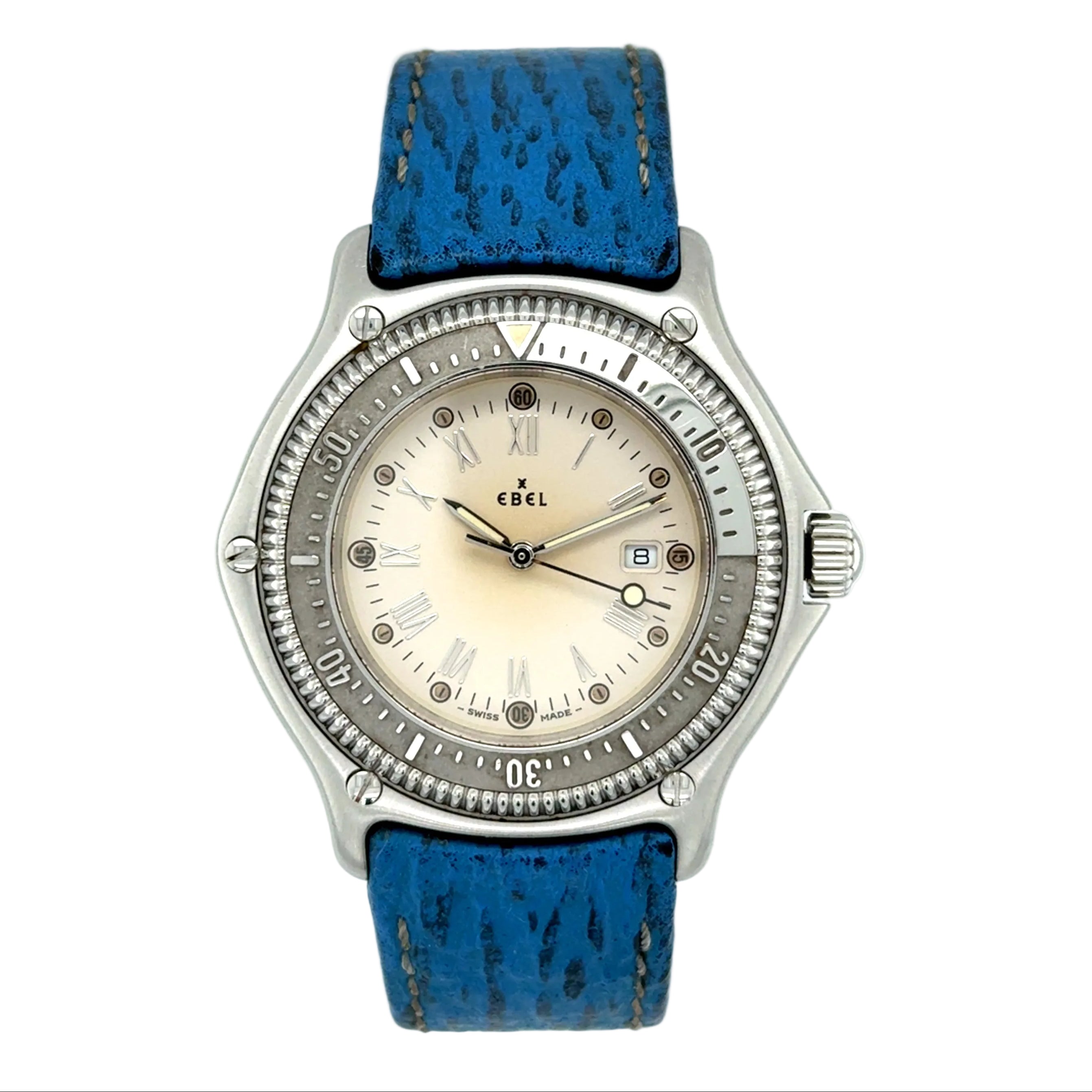 EBEL Discovery Diver 200M Quartz Watch 983913 Blue Leather Strap Vintage