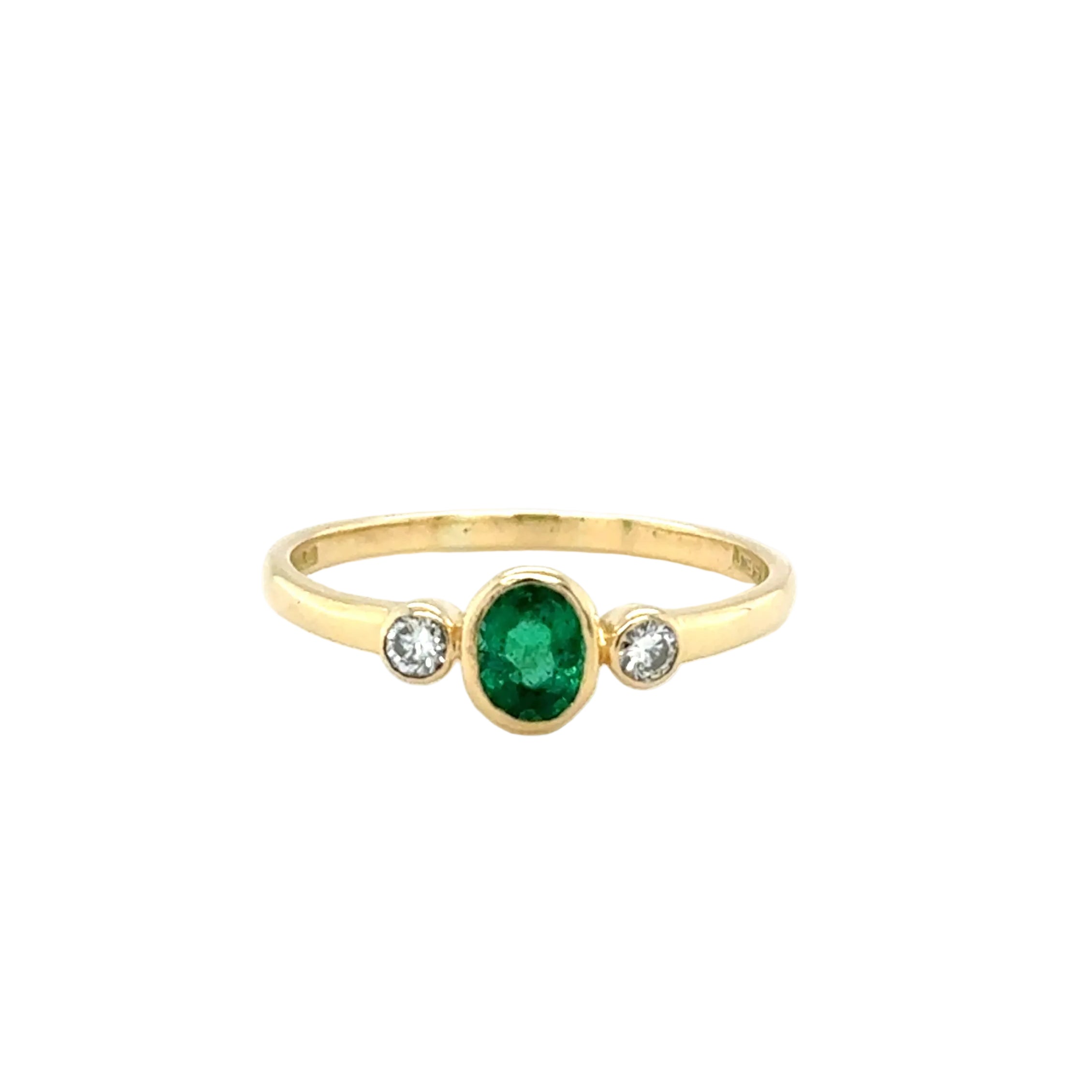Emerald & Diamond Three Stone Ring 18ct Yellow Gold London 1994