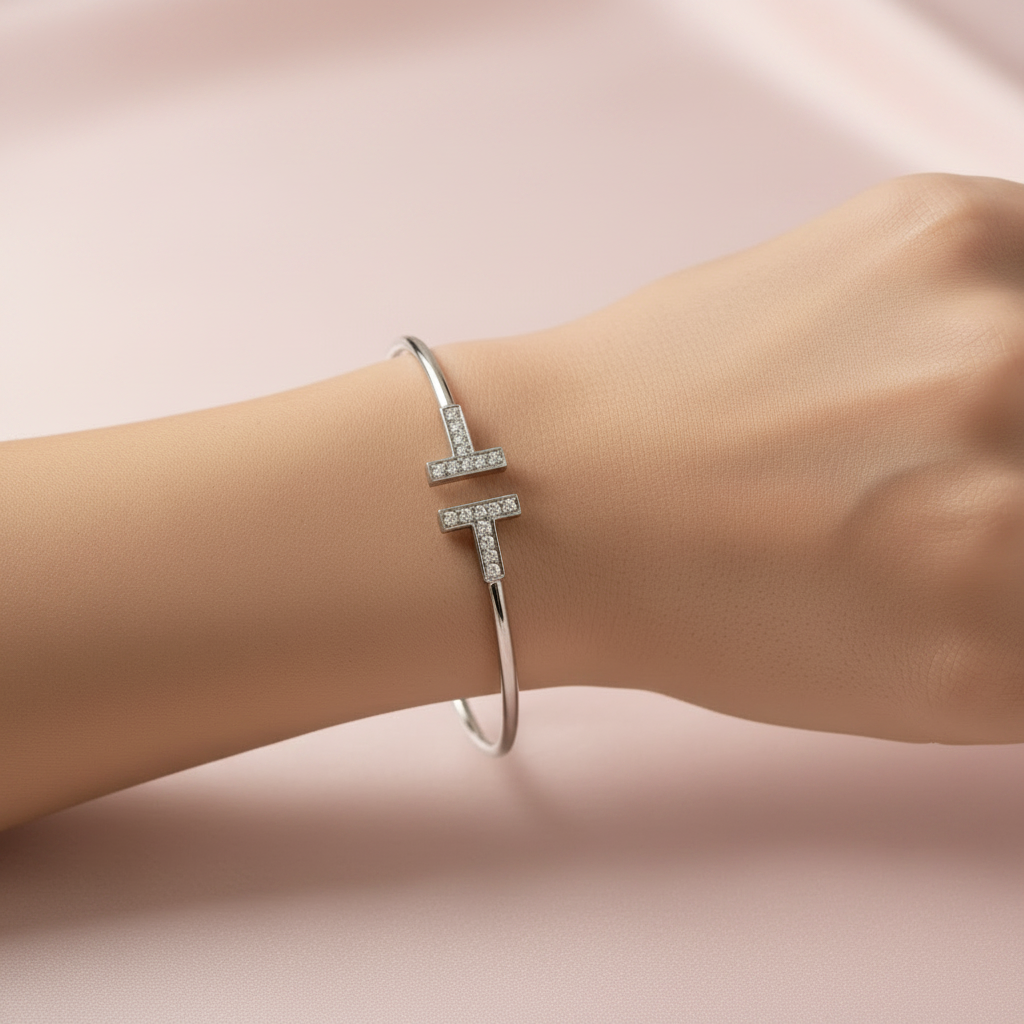Tiffany & Co. White Gold Tiffany T Diamond Wire Bracelet Size Large 0.24ct 33450788