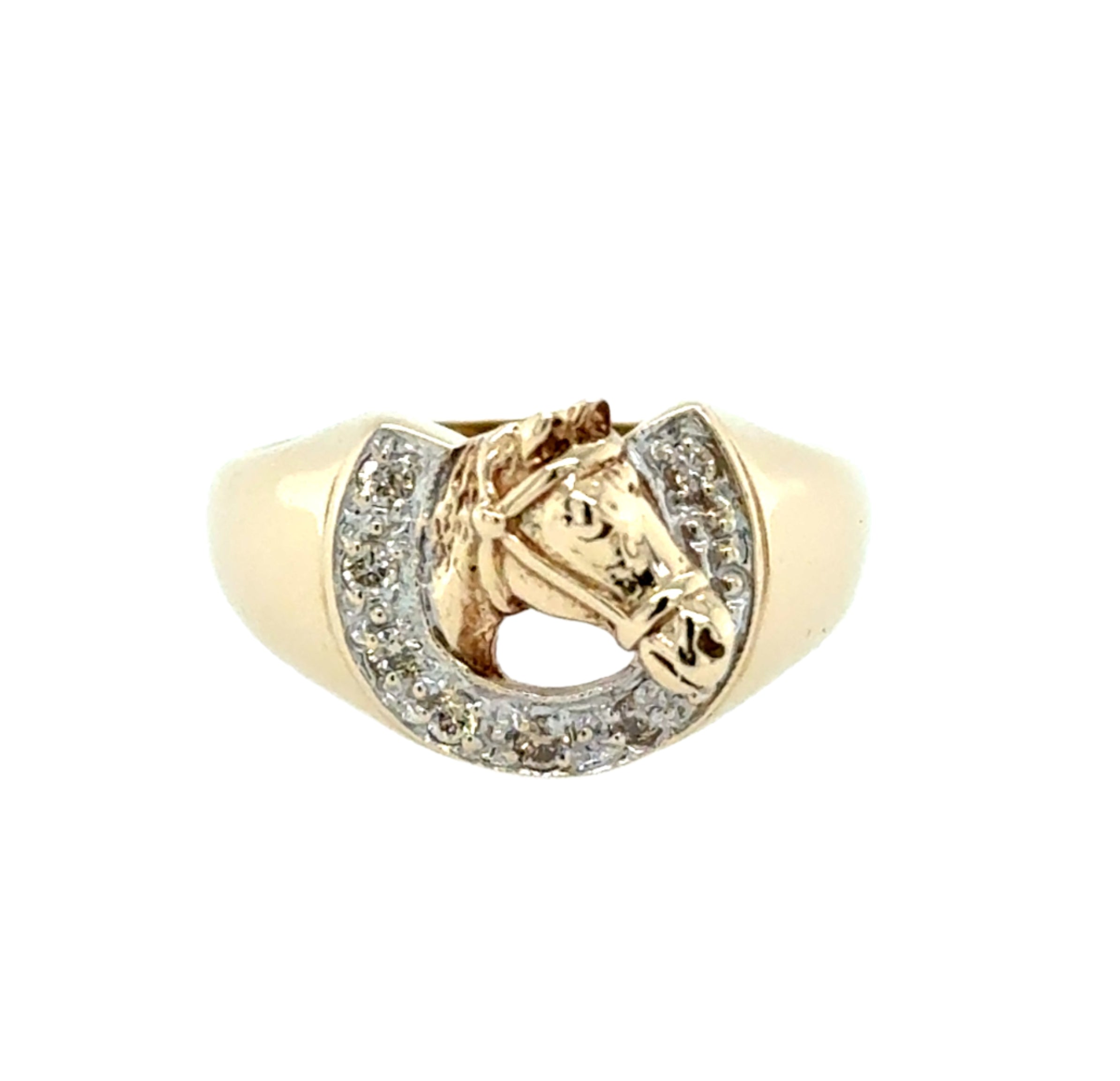 9ct Yellow Gold Diamond Horse Head Horseshoe Ring Size S
