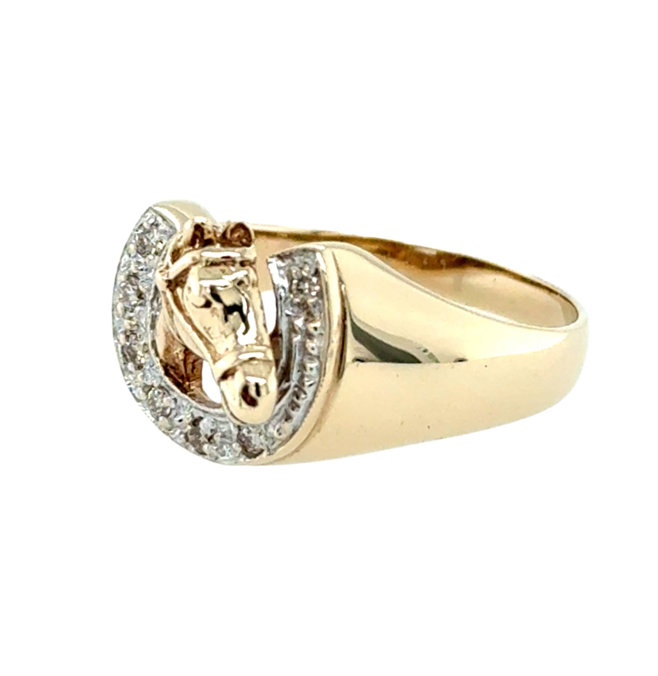9ct Yellow Gold Diamond Horse Head Horseshoe Ring Size S