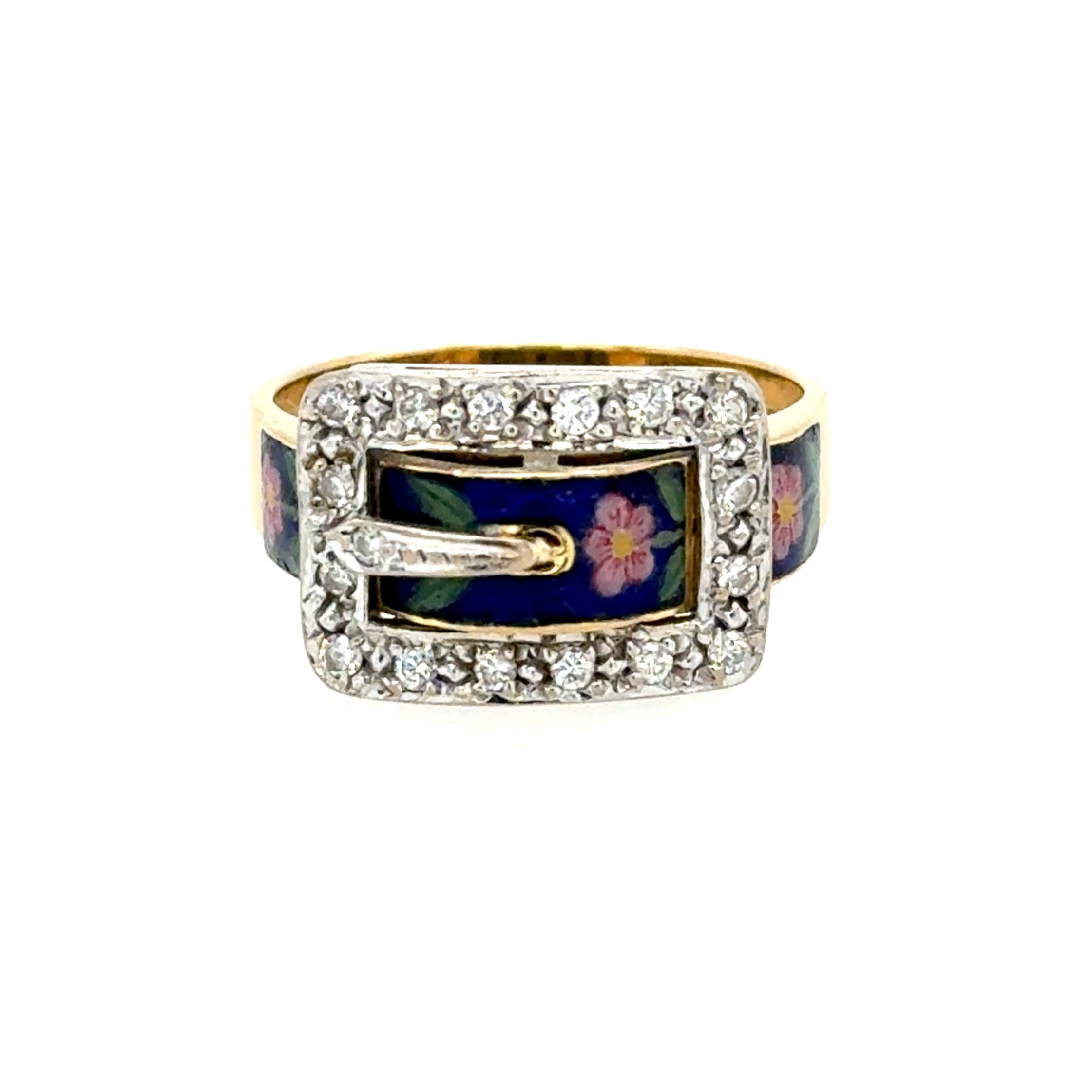 18ct Yellow Gold Vintage Diamond Enamel Buckle Ring