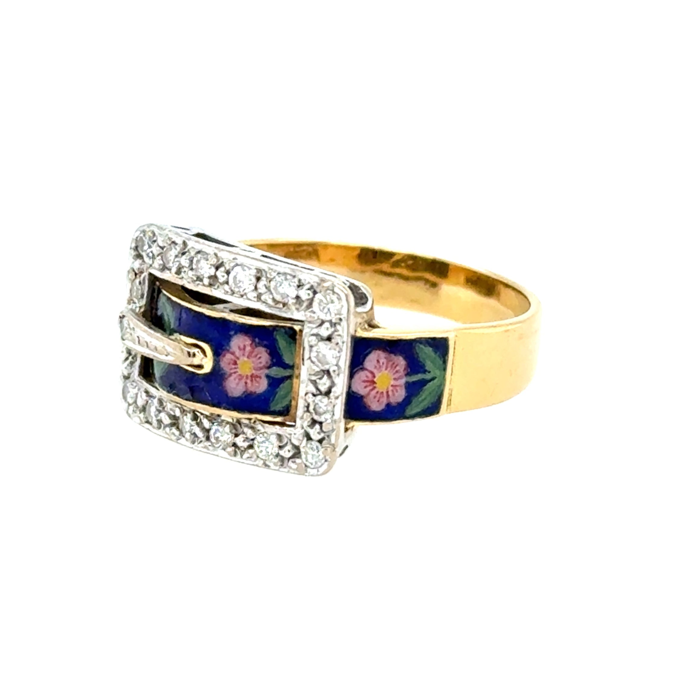 18ct Yellow Gold Vintage Diamond Enamel Buckle Ring
