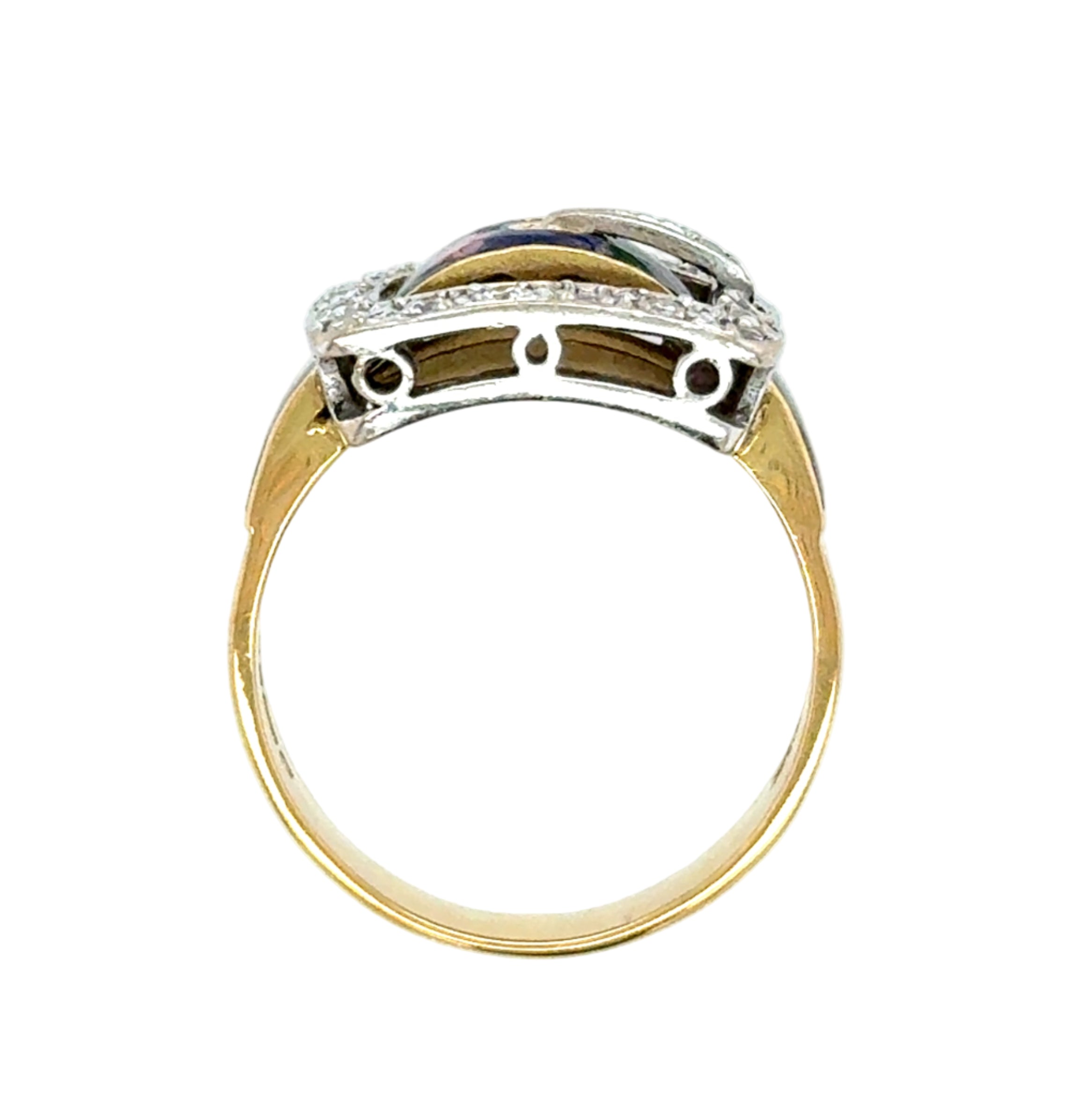 18ct Yellow Gold Vintage Diamond Enamel Buckle Ring
