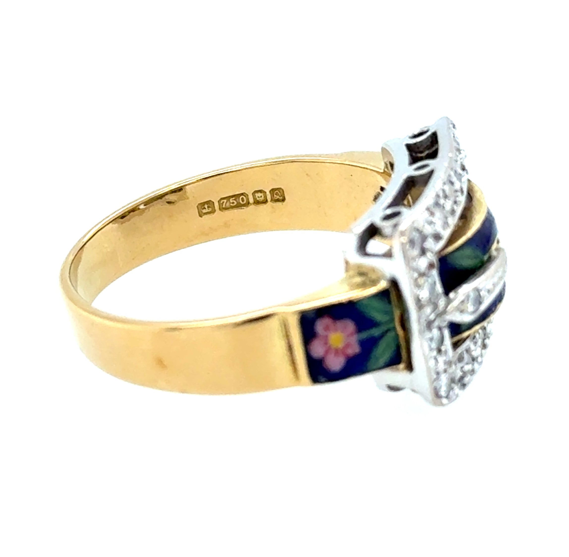 18ct Yellow Gold Vintage Diamond Enamel Buckle Ring
