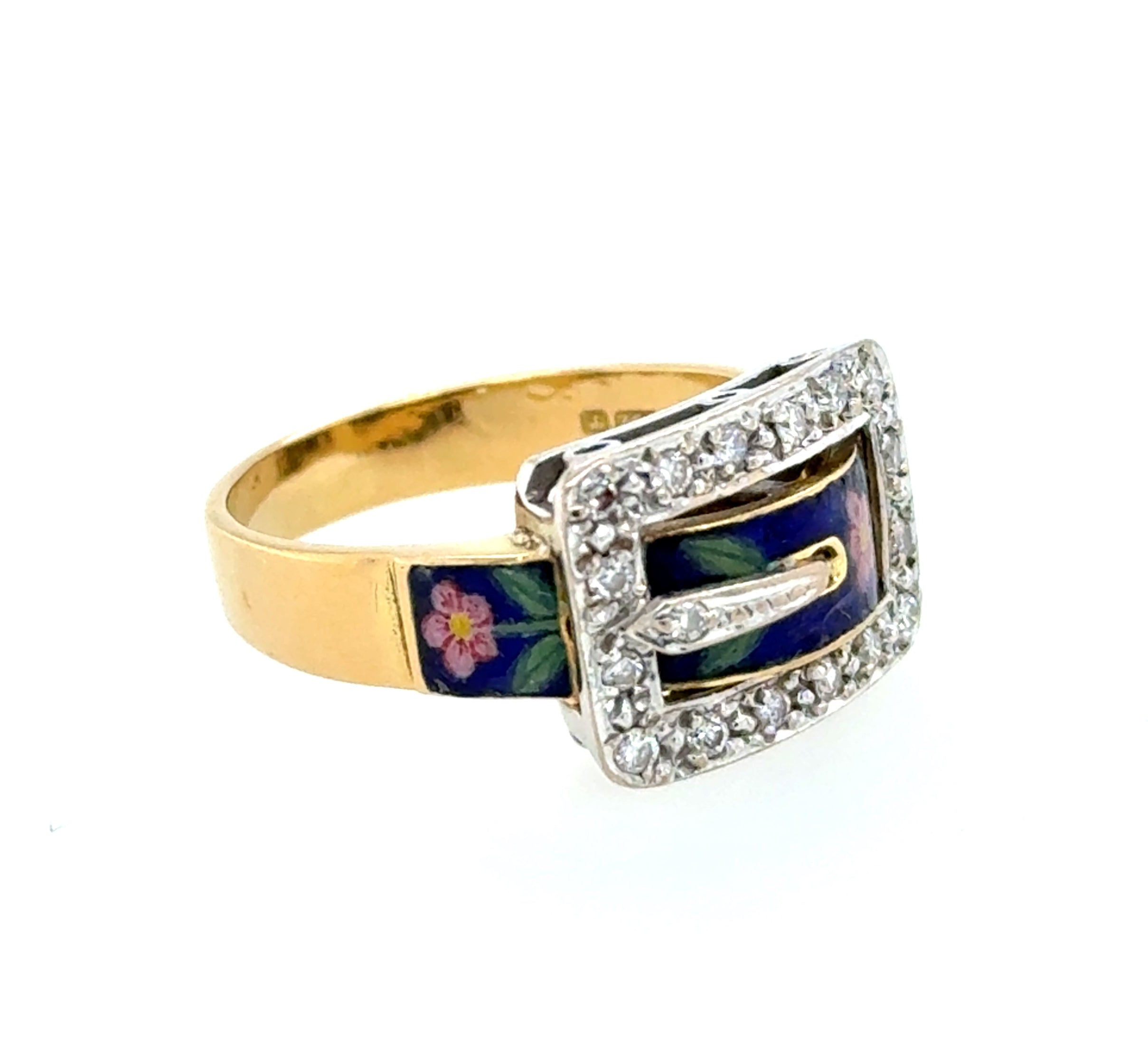 18ct Yellow Gold Vintage Diamond Enamel Buckle Ring