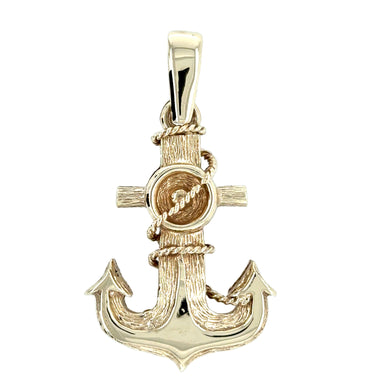 Gold anchor pendant with rope design on a white background