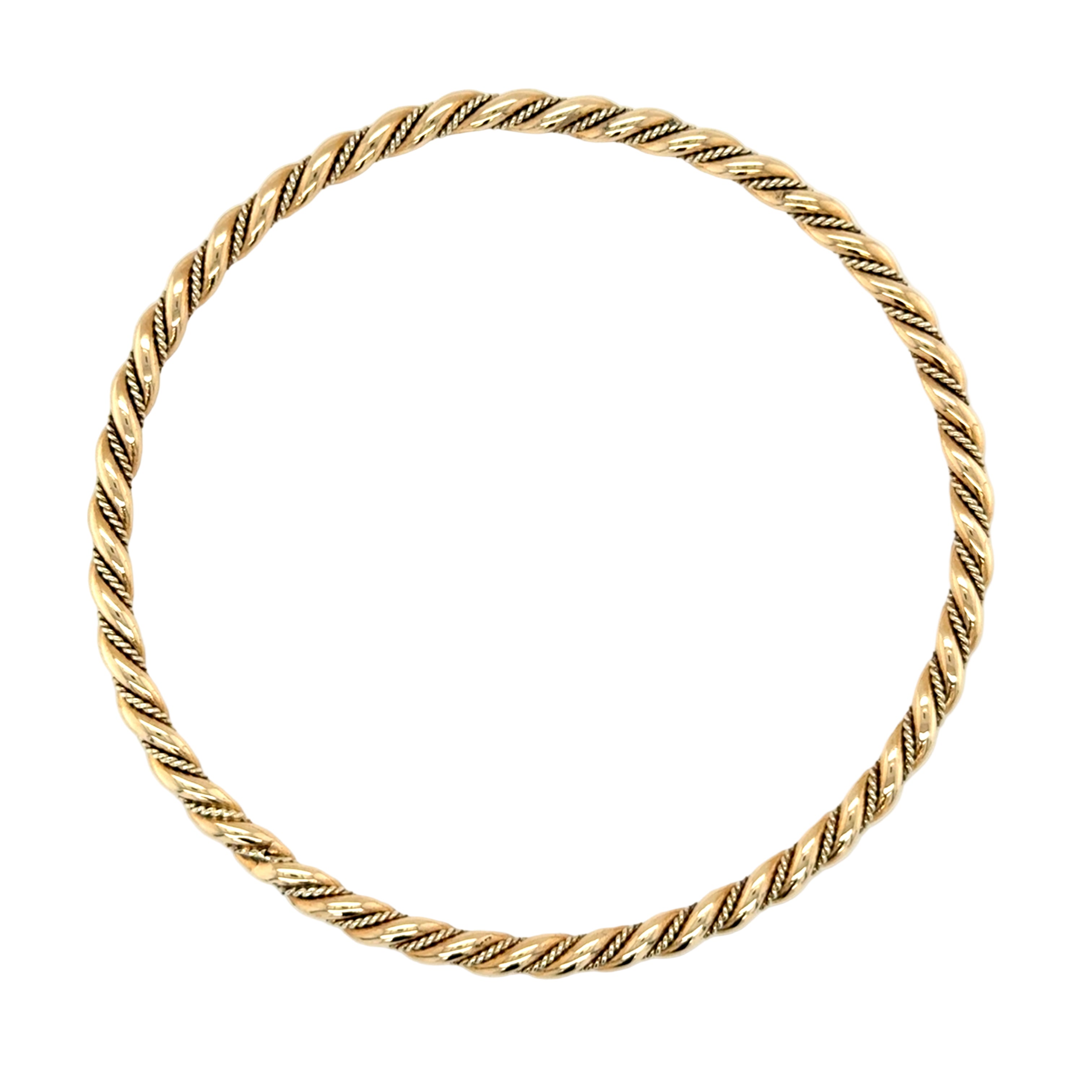 Gold bracelet with a twisted design on a white background