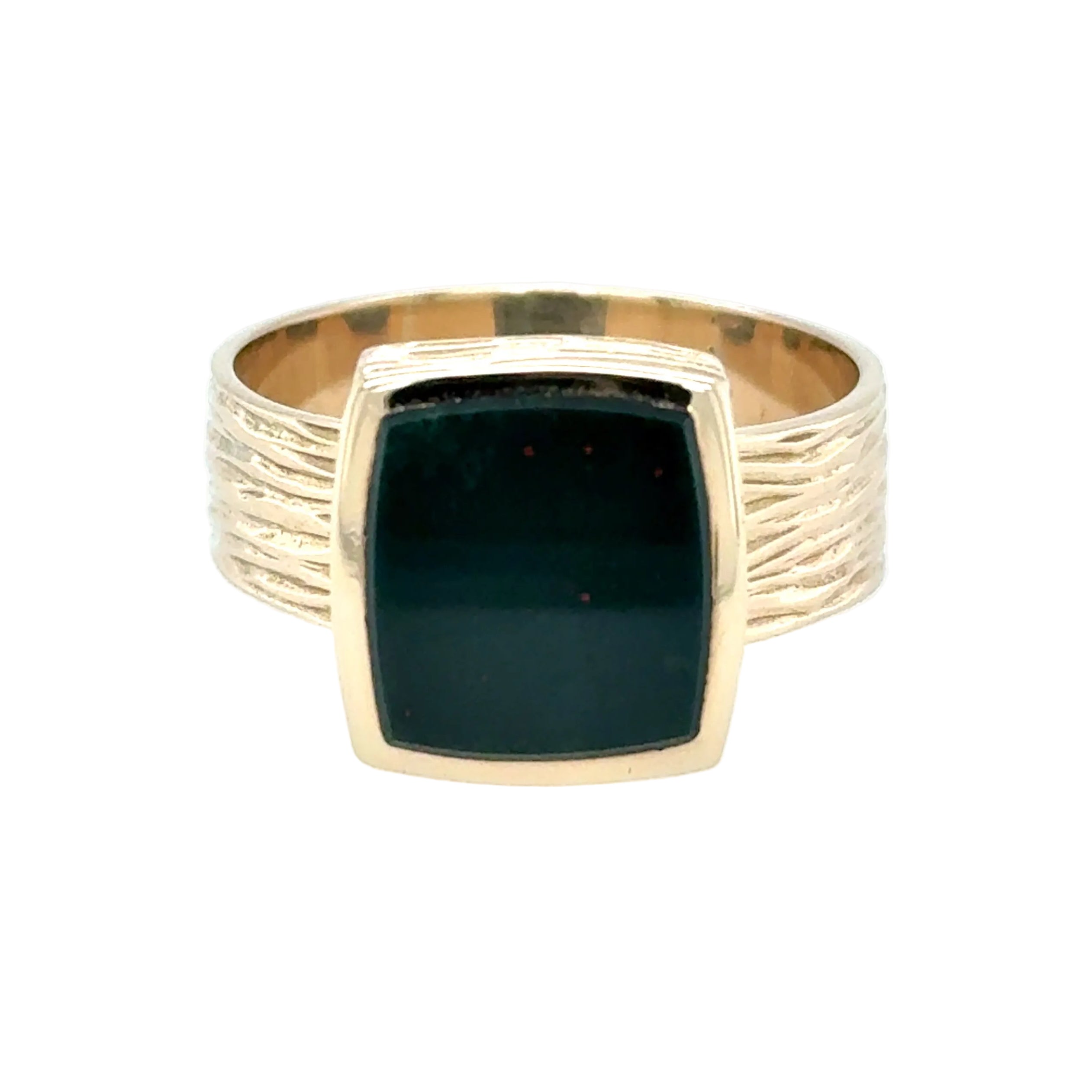 9ct Yellow Gold Bloodstone Signet Ring Bark Effect Detail Size Y