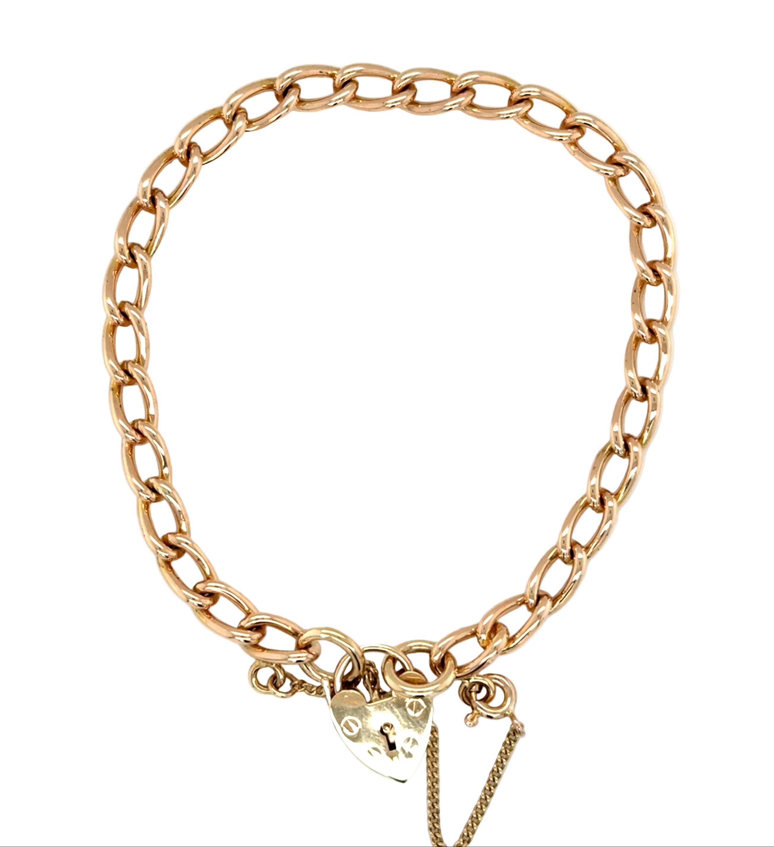 9ct Gold Vintage 7.5 Inch Heart Padlock Charm Bracelet - 13.58g