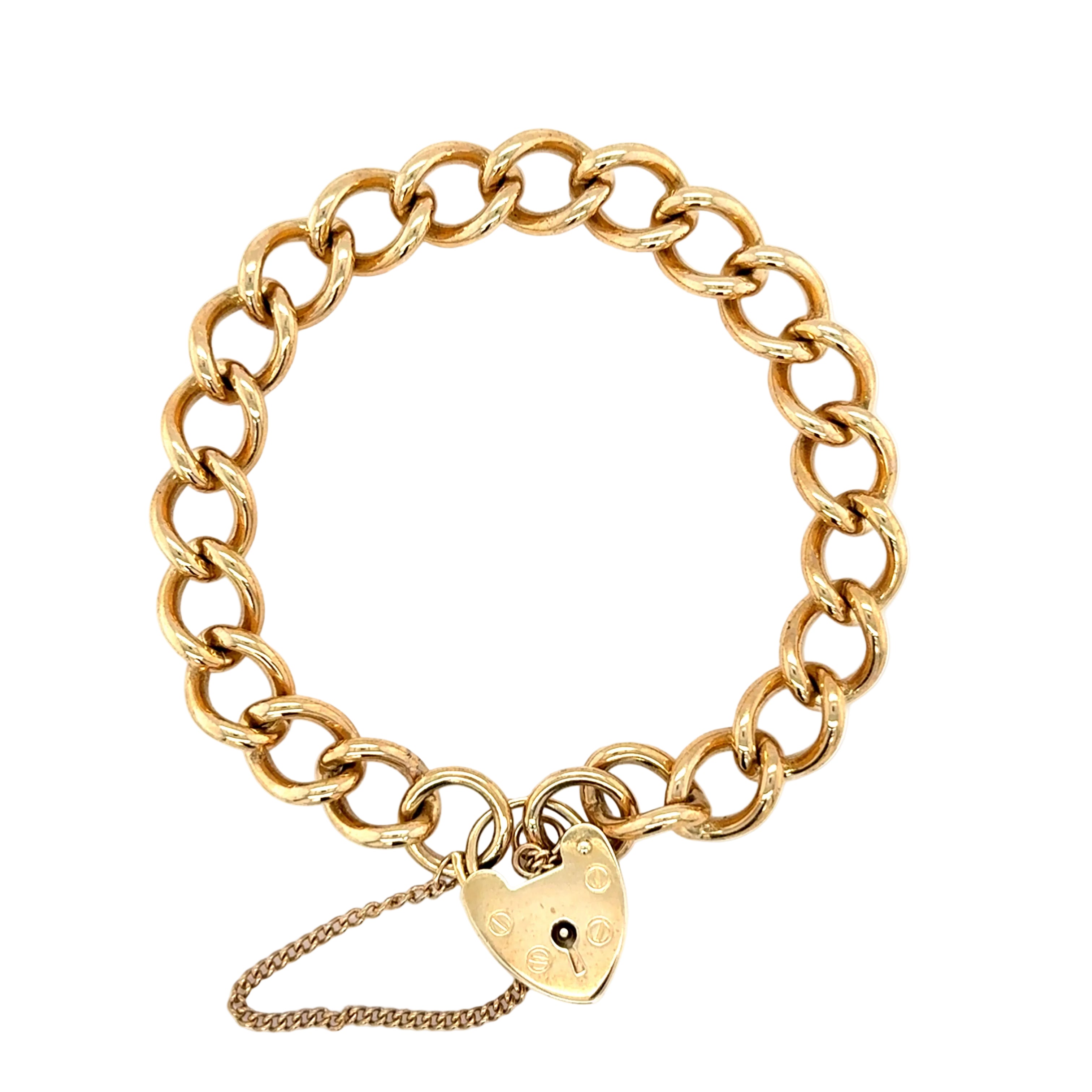 9ct Yellow Gold 7.5" Traditional Charm Bracelet & Heart Padlock - 30.81g