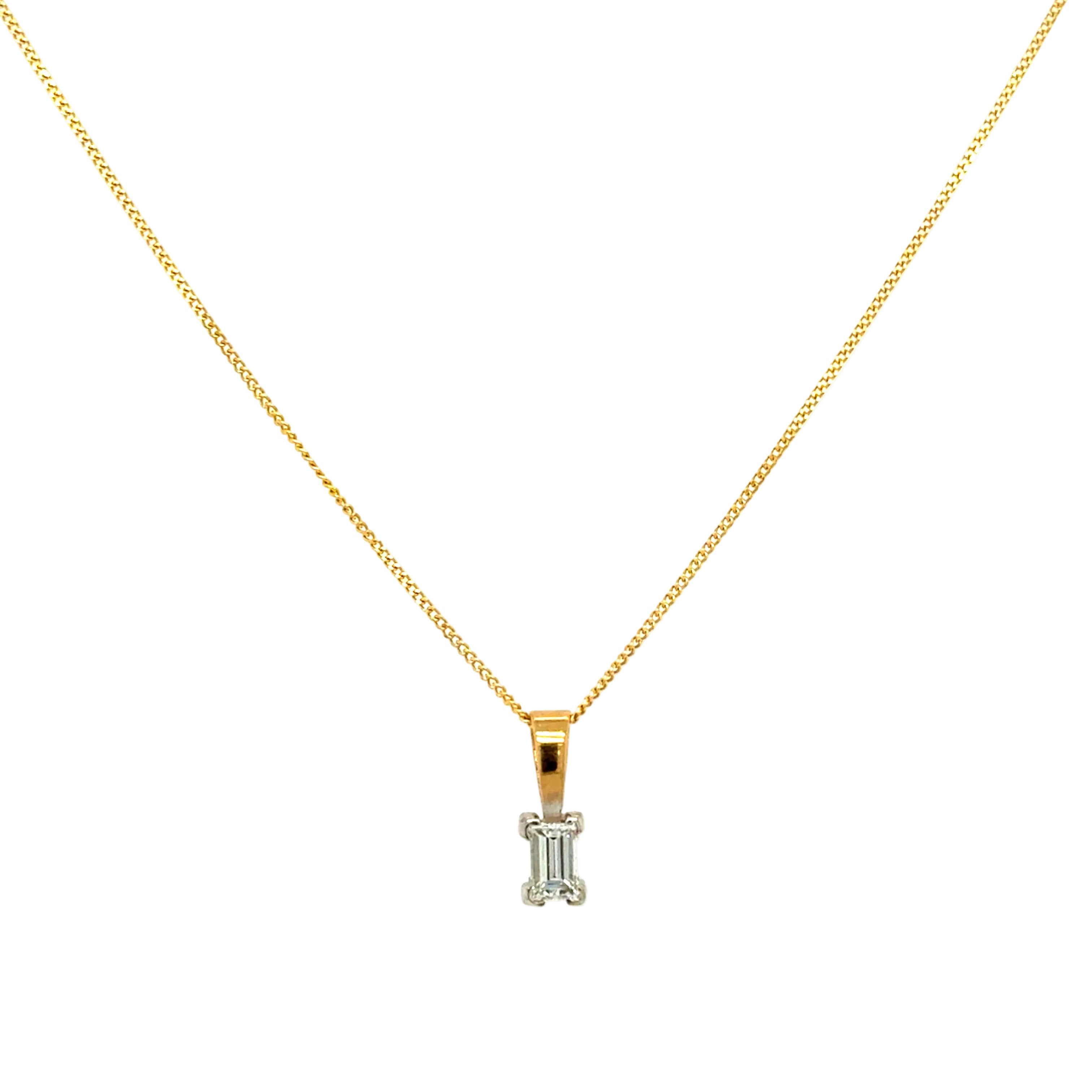 Gold necklace with a diamond pendant on a white background
