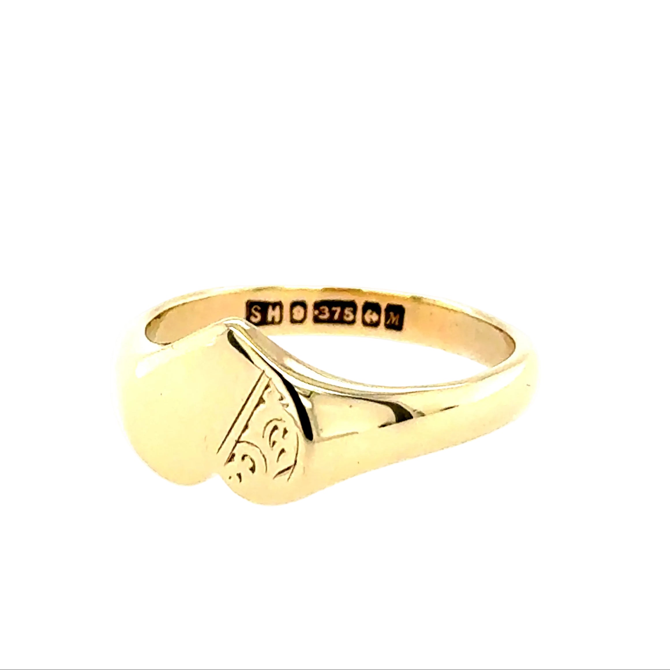 9ct Yellow Gold Heart Shaped Engraved Signet Ring Birmingham 1986