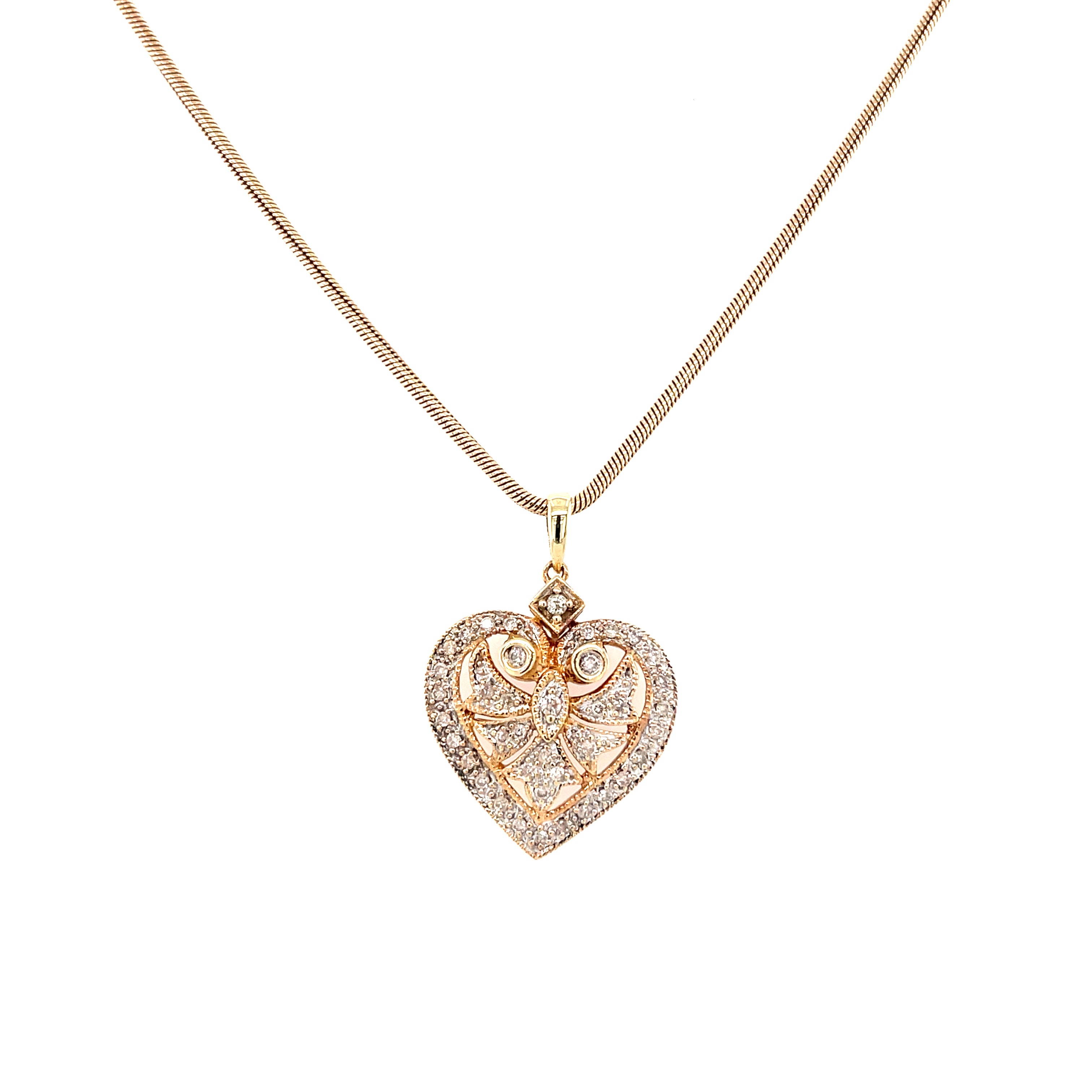 9ct Yellow Gold 0.50ct Diamond Cluster Heart Pendant & 18" Snake Chain