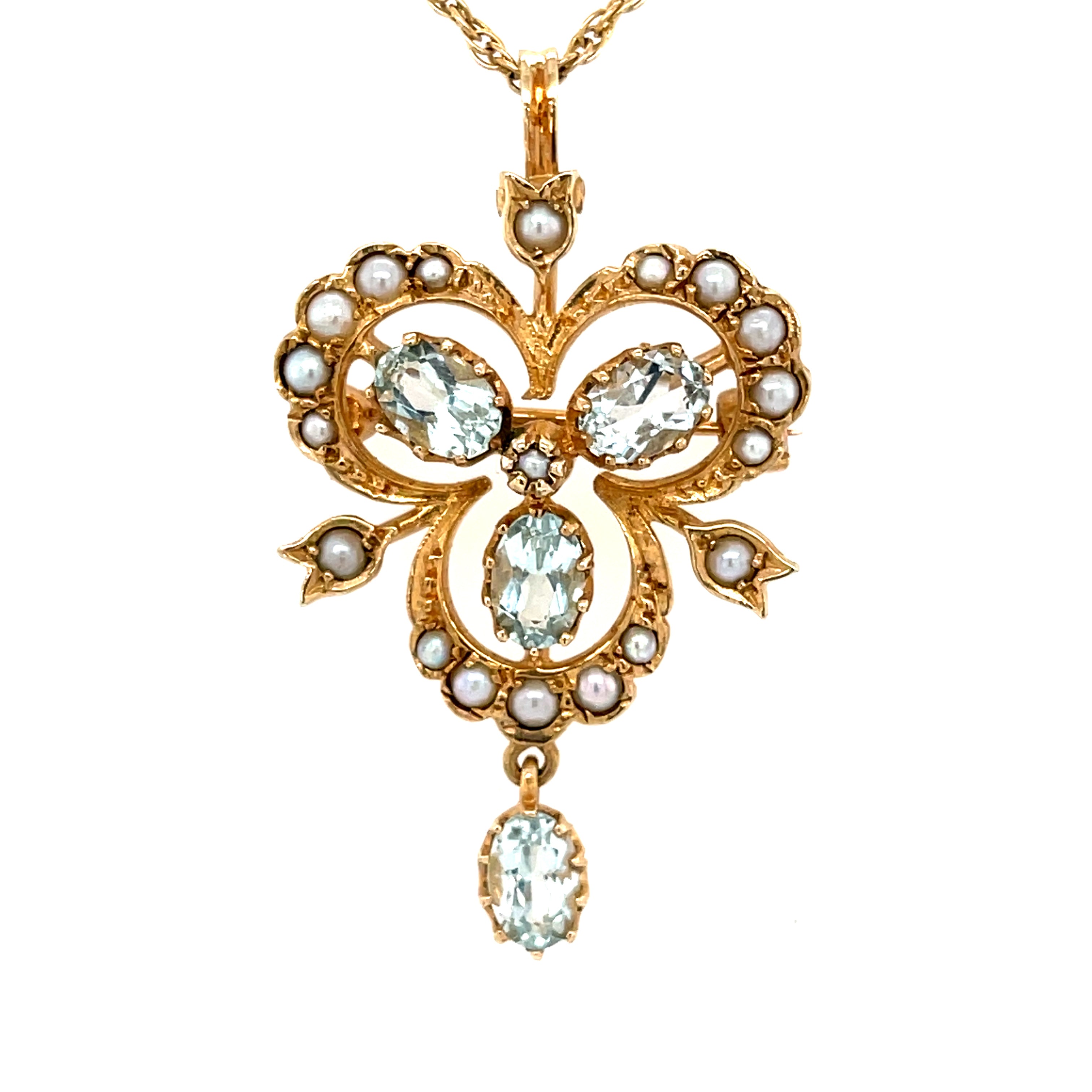 9ct Yellow Gold Blue Topaz & Seed Pearl Pendant/ Brooch & 16" Chain