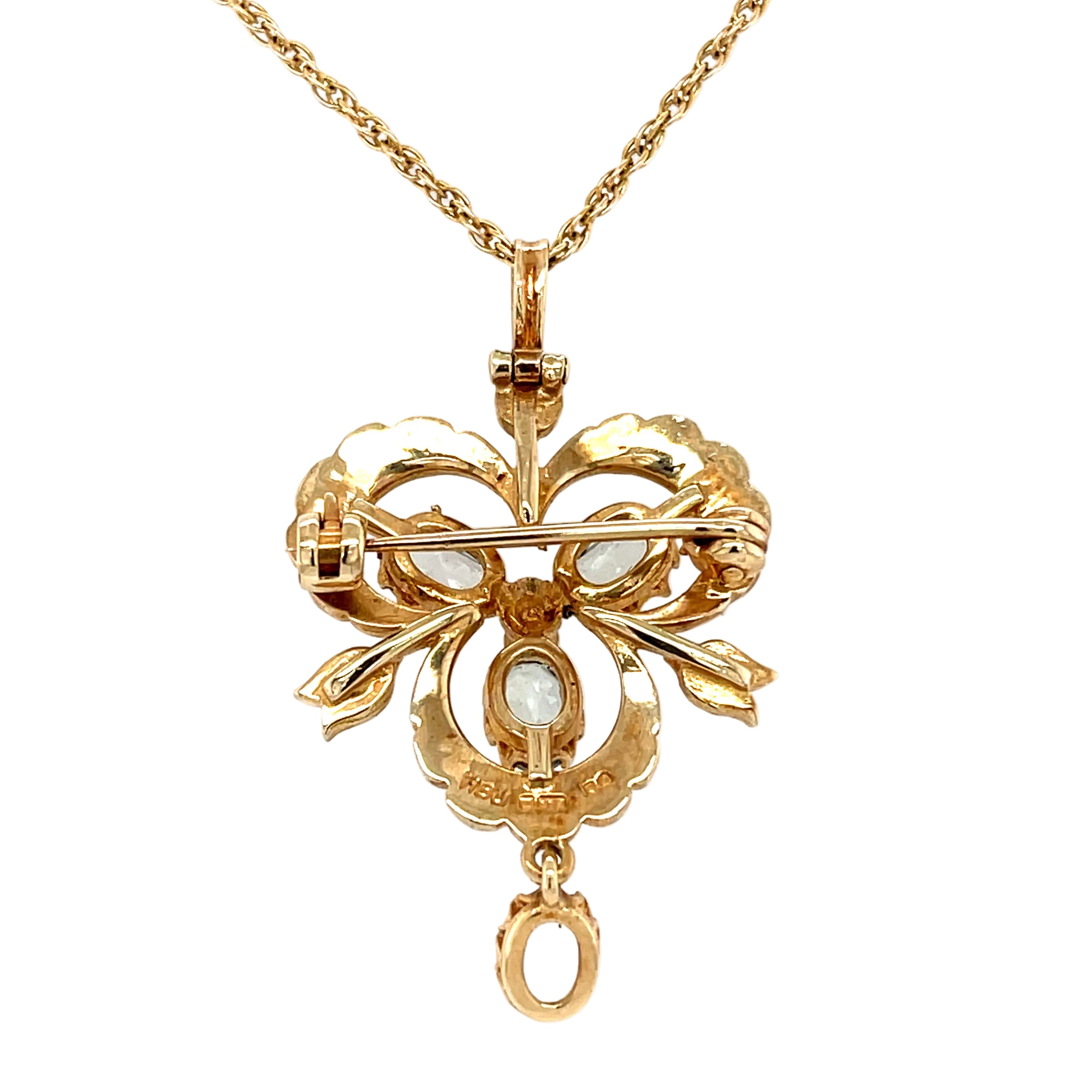 9ct Yellow Gold Blue Topaz & Seed Pearl Pendant/ Brooch & 16" Chain