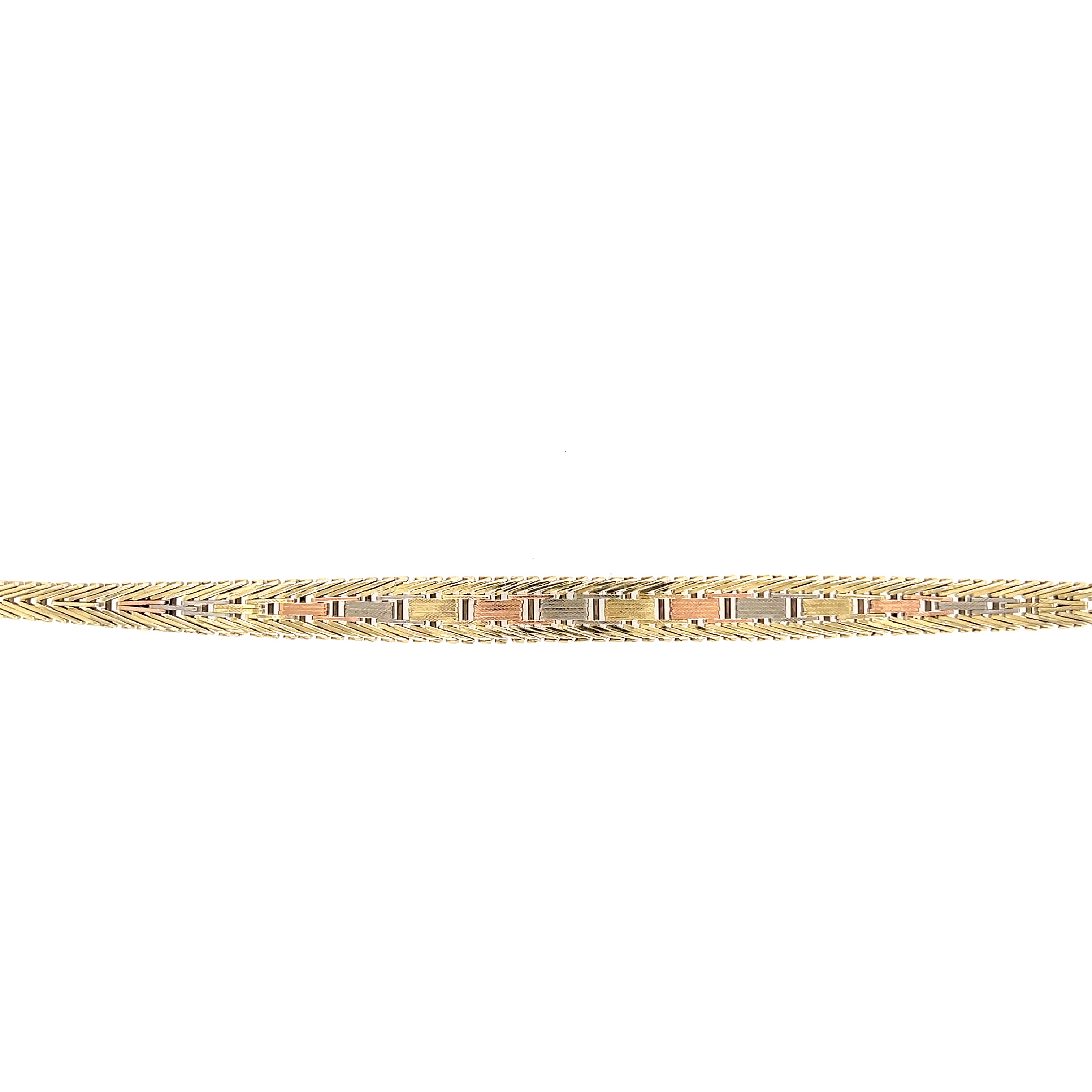 9ct Yellow, White & Rose Gold 7.5" Herringbone Ladies Bracelet - 11.40g
