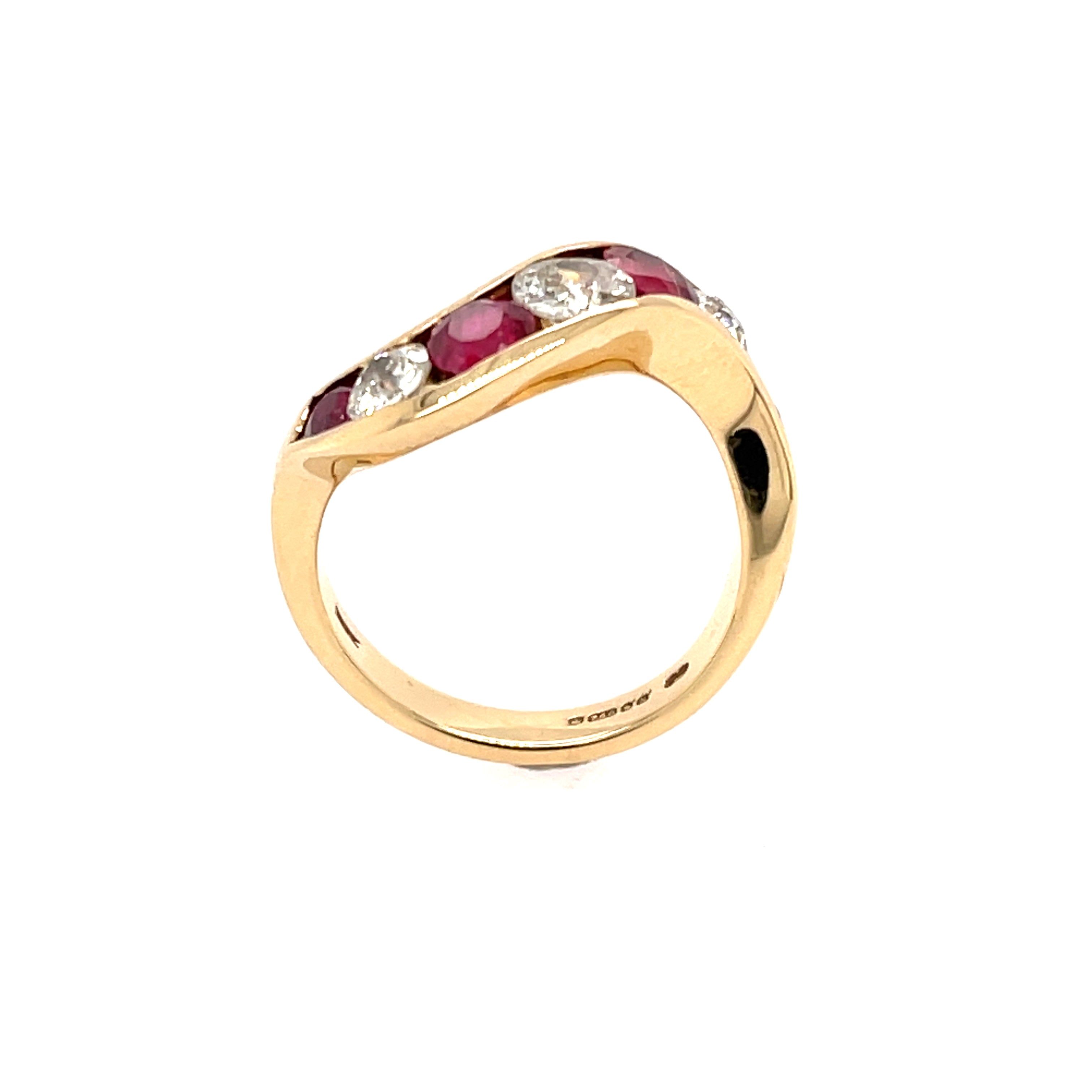 18ct Yellow Gold Vintage Ruby & Diamond Wave Band Ring London 1987