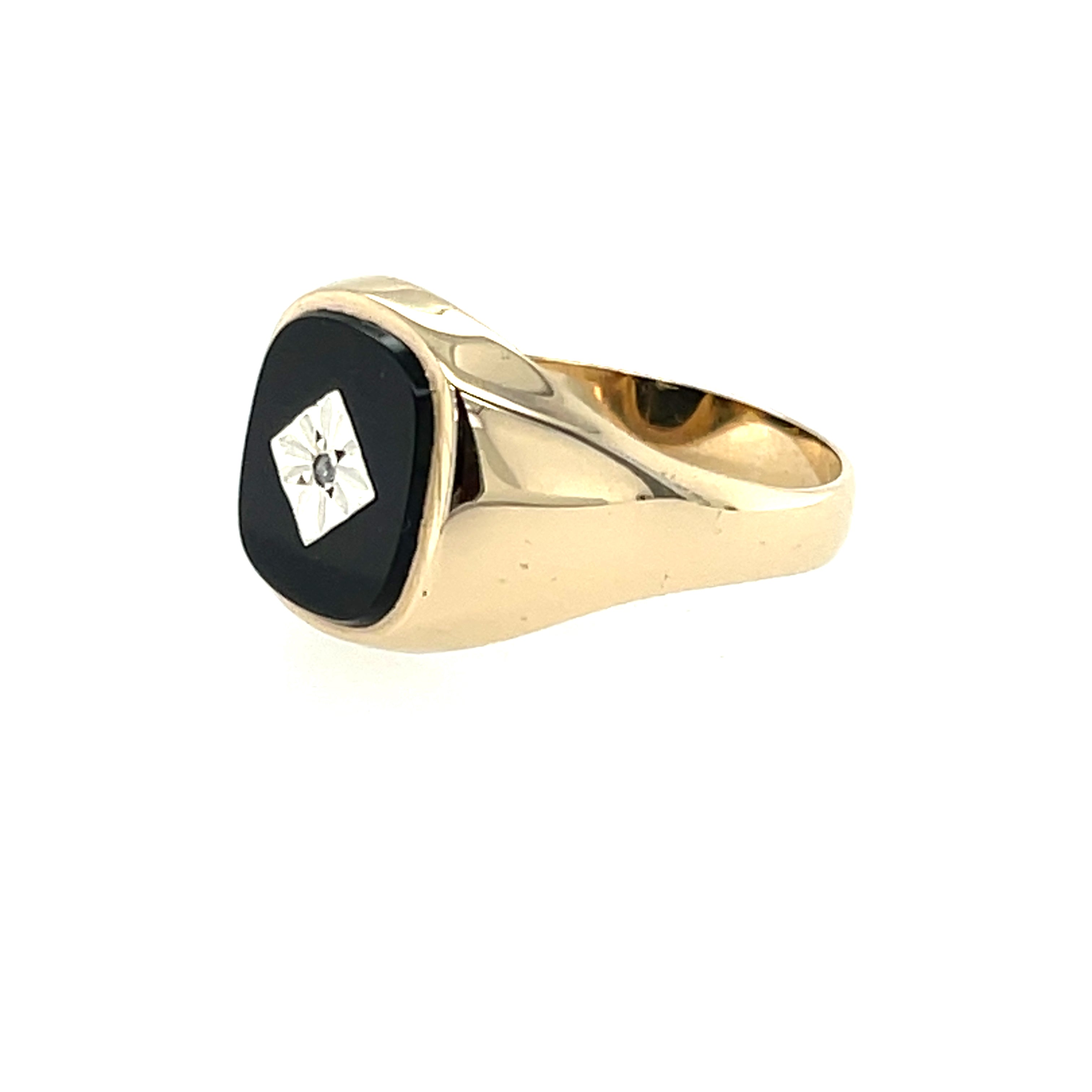 9ct Yellow Gold Vintage Diamond Set Black Onyx Signet Ring Size V