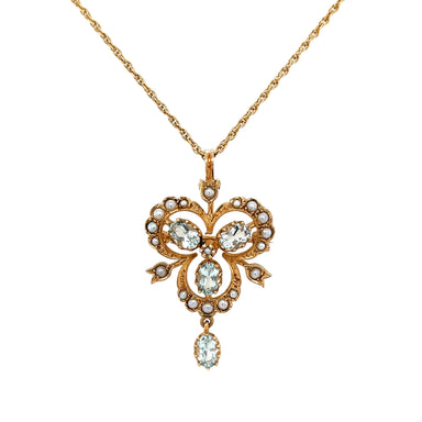 9ct Yellow Gold Blue Topaz & Seed Pearl Pendant/ Brooch & 16" Chain